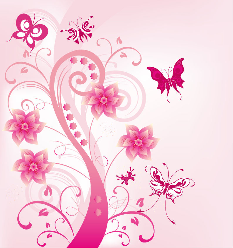 free vector Pink Floral Swirl with Butterfies Vector Illustration